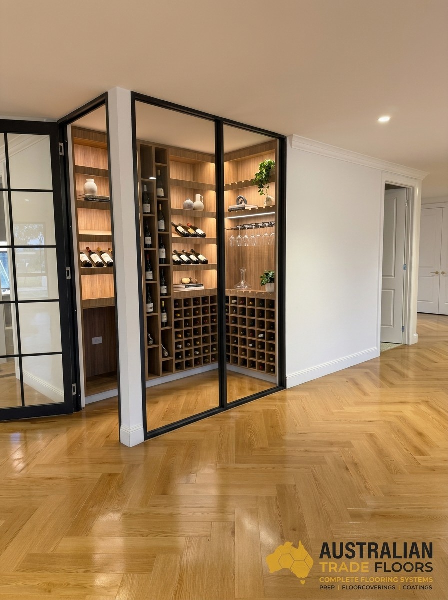 Polished herringbone oak flooring leading to a feature wine cellar