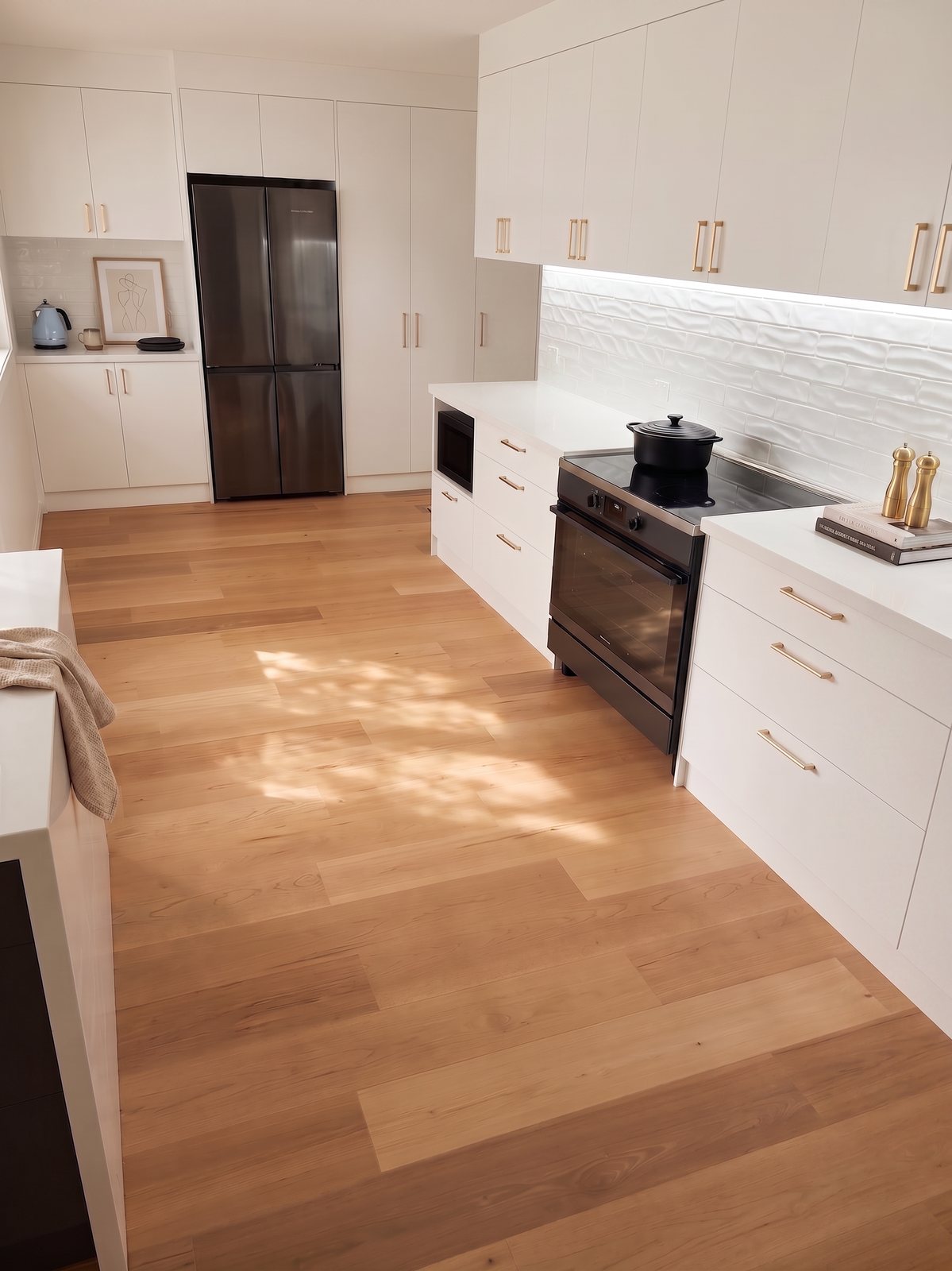 AC4 laminate flooring in a styled modern kitchen with warm oak finish