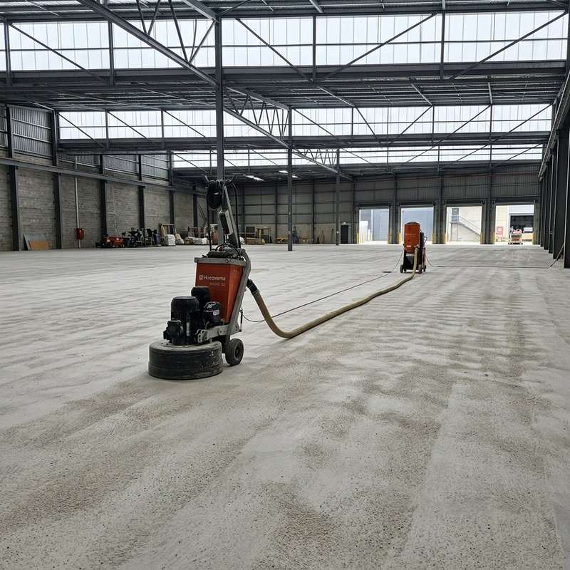 Commercial-scale concrete floor grinding in a warehouse by Australian Trade Floors, NSW